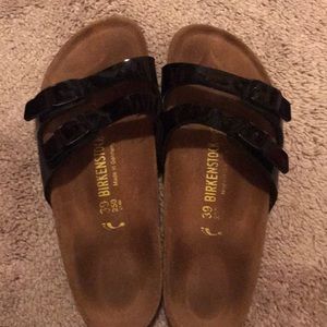 EUC Birkenstocks 2-strap patent black size 39